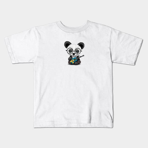 Baby Panda Playing Swedish Flag Guitar Kids T-Shirt by jeffbartels